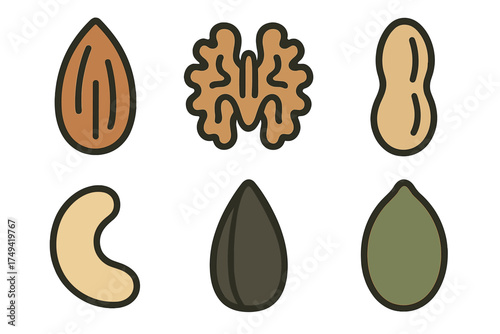 Six edible nuts and seeds icons in flat style assortment