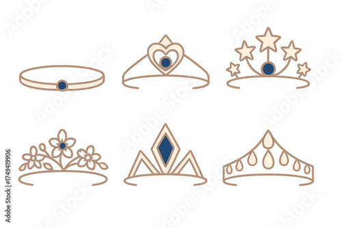 Six simple princess tiaras and crowns icons featuring blue gems