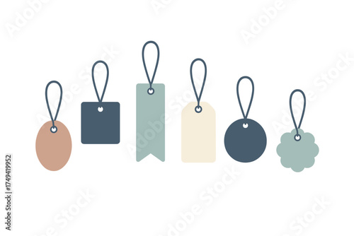 Set of blank hanging retail price tags and labels with various shapes