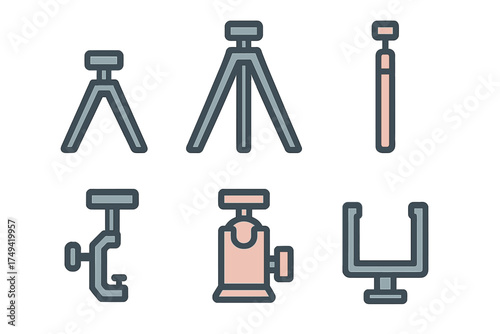Set of camera support gear icons featuring tripods and various mounting clamps