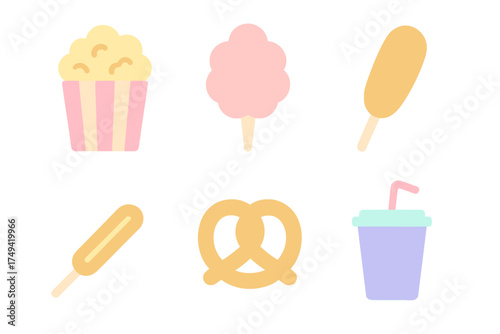 Pastel colored icons of sweet and savory carnival snacks and treats