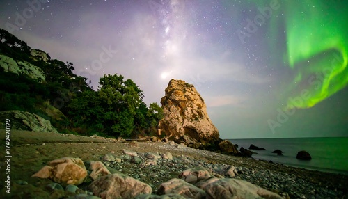 A nighttime coastal scene with rocky beach under a starry, moonlit sky and aurora borealis dancing green. A large rock formation stands