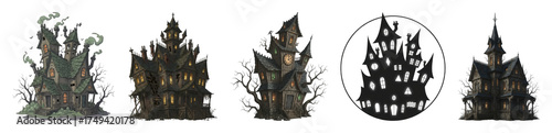 Haunted house set including dilapidated mansions, gothic houses, and a silhouette design isolated. Spooky Halloween collection.