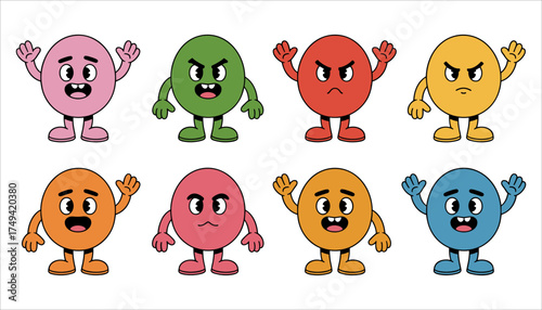 Cute Cartoon Emoji Characters Vector Colorful Emotion Faces, Happy Angry Sad Expressions, and Funny Mascot Illustration Set