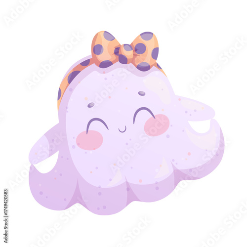 Cute smiling ghost girl with a bow on a white background. Halloween. Isolated vector illustration for the design of postcards, postcards for printing, textiles, stickers