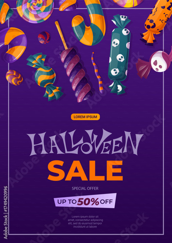 A template for making flyers for Halloween. Candies, lollipops, marshmallows, caramel sticks. Autumn discounts, sale. Vector illustration in A4 format for posters, banners, promotions, advertisements