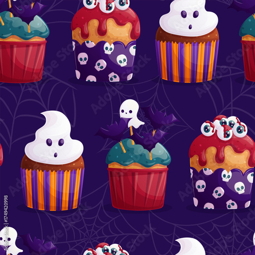 Seamless Halloween pattern. Delicious cupcakes decorated with eyeballs, ghosts and bats. "Trick or treat." Vector illustration for postcards, posters, banners, websites, printing design