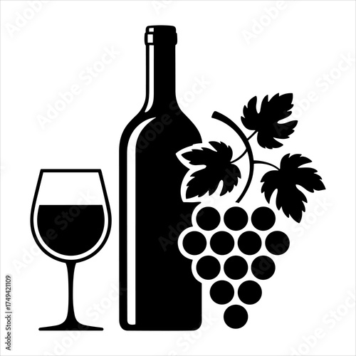 Wine Bottle and Glass Vector Grape Vine Illustration, Elegant Winery and Beverage Design Icon