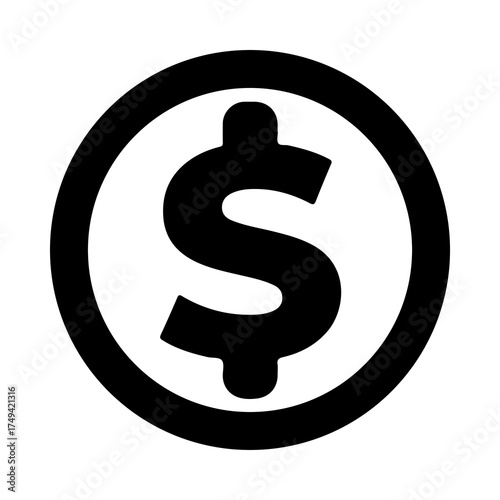 Black and white circular icon featuring a dollar sign at its center, representing money and finance