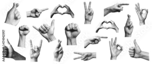 Black and white halftone hand gesture icon set featuring thumbs up, peace sign, heart hands, pointing fingers, and various symbolic signs