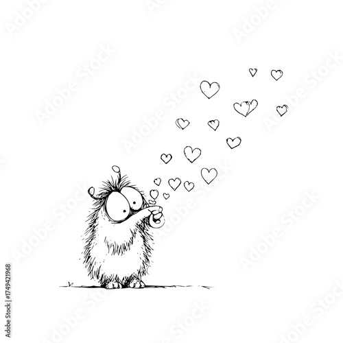 A fuzzy monster blowing heart shaped bubbles into the air in a whimsical black and white illustration