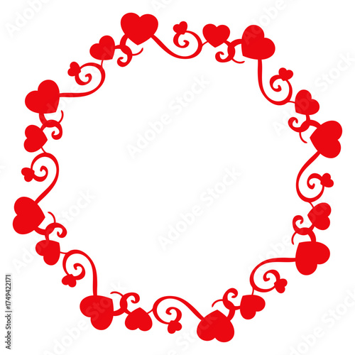 Logo con silueta de corazones con filigrana caligráfica. Corona circular con florituras de color rojo para felicitaciones y tarjetas del día de San Valentín