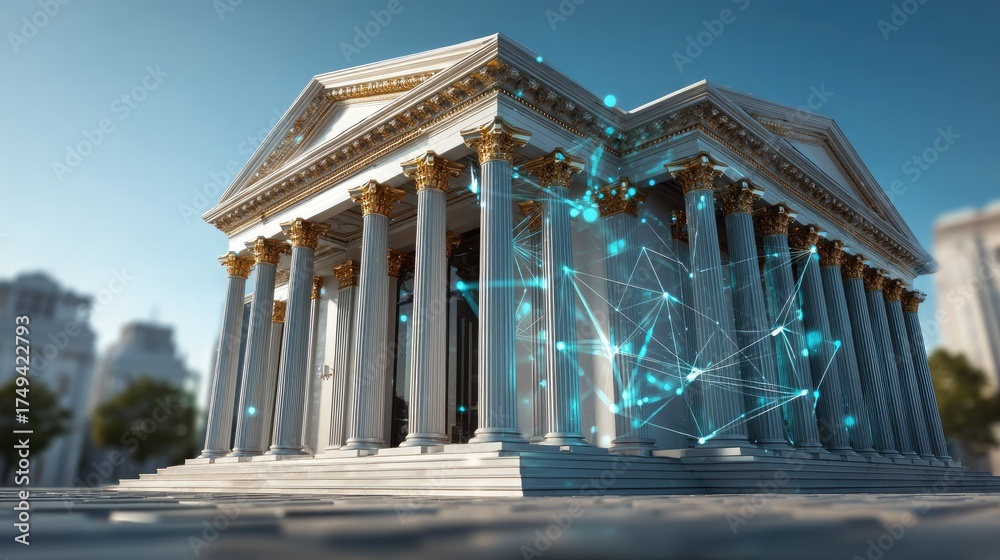 Fototapeta premium Elegant Classical Building with Columns and Digital Network Overlay in Bright Urban Setting