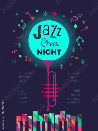 Winter Season Holidays Live Music event vector poster template. Piano, music notes cartoon illustration. Christmas Tunes, Jazz Cheer Night celebration, Festive Jazz Live Music performance background