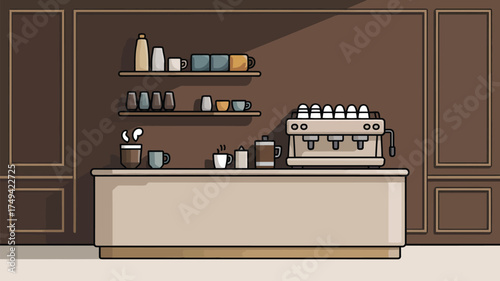 A cartoon coffee shop interior with shelves, mugs, and an espresso machine on a counter space