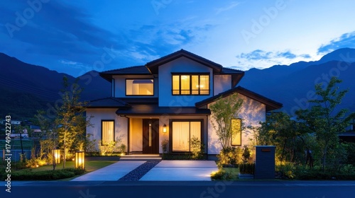 Elegant Japanese house illuminated at dusk with mountain backdrop scene