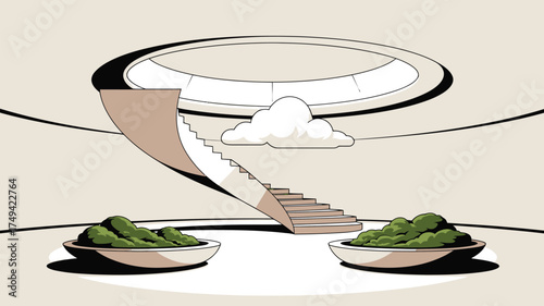 Illustration of a room with stairs leading to a cloud and plants in bowls on the floor space