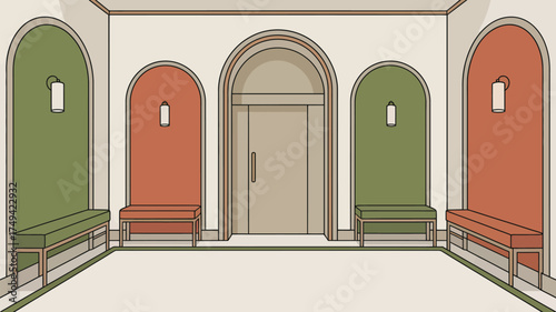 Illustration of a hallway with arched alcoves benches and wall lights in a symmetrical arrangement