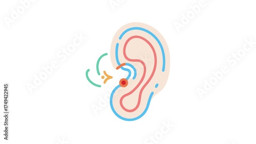 Stylized ear illustration depicting sound waves and inner ear