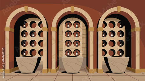Illustration of a wine cellar with arched alcoves and bottle storage in a symmetrical arrangement