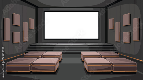 A cartoon theater interior with a blank screen stage and seating in a dark gray color scheme style
