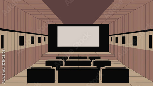 A cartoon illustration of an empty movie theater with a blank screen and rows of black seats