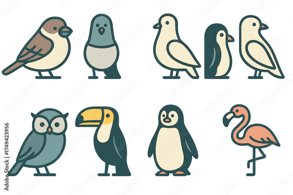 Fototapeta premium Stylized cartoon bird icons featuring sparrow, pigeon, owl, and flamingo
