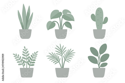 Six stylized potted house plants in muted green tones for interior design