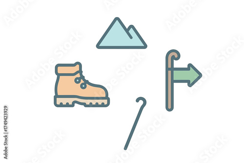 Hiking and trekking equipment icons set featuring boot, mountain, and signpost