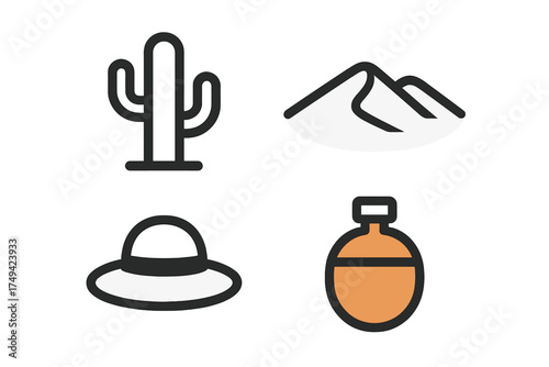Stylized icons set: cactus, dune, hat, and water canteen for travel