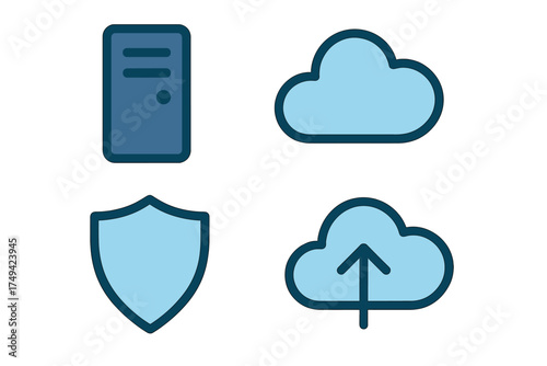 Four blue icons representing server security and cloud data storage upload