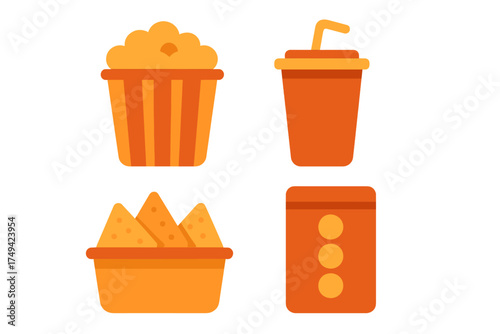 Set of four cinema snack icons including popcorn soda nachos and candy