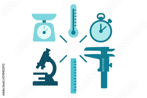 Set of scientific measurement tools icons for laboratory and physics concepts