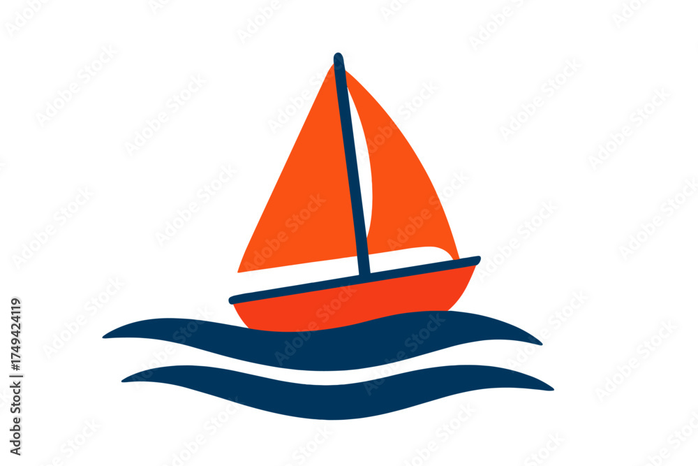 Fototapeta premium Minimalist orange sailboat icon on dark blue stylized ocean waves