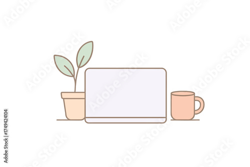 Minimalist workspace setup with potted plant and coffee mug