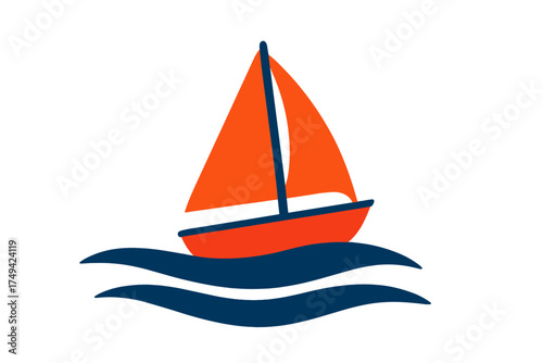 Minimalist orange sailboat icon on dark blue stylized ocean waves