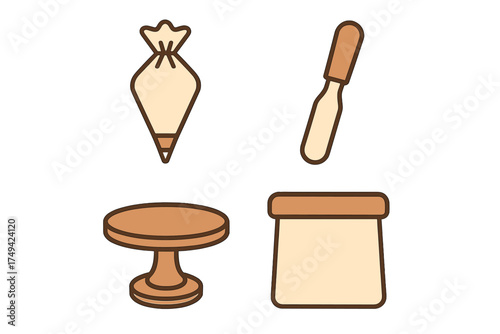 Pastry decorating tools set with piping bag and turntable icons