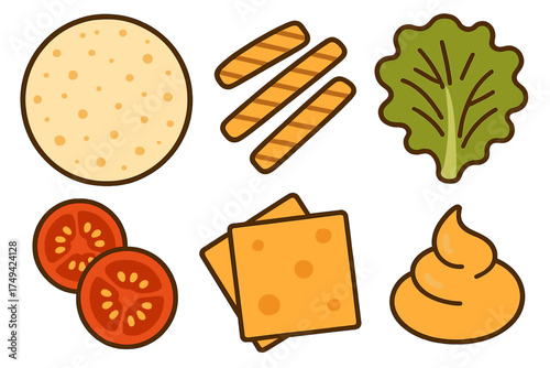 Ingredients for making a wrap or taco with grilled meat, cheese, and fresh vegetables