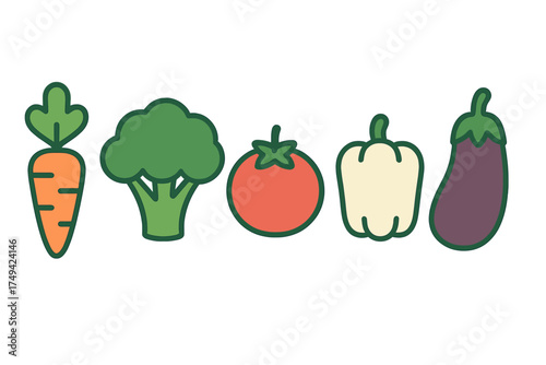 Set of five colorful stylized vegetable icons including carrot broccoli tomato pepper and eggplant