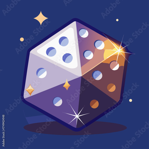 Colorful polyhedral dice with sparkles on blue background  