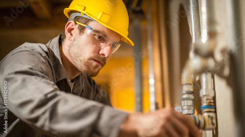 Male plumber working on pipes with focus in a construction site.  Worker fixing pipe in basement  