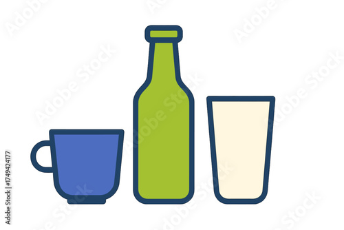 Set of simple icons representing beverage containers like bottle cup and glass