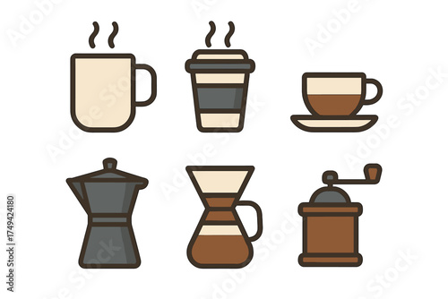 Set of coffee brewing tools and hot beverage containers icons