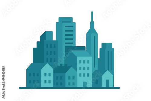Teal blue layered cityscape silhouette with mixed residential and commercial buildings