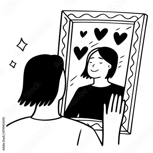 Woman admiring herself in mirror with hearts illustration  