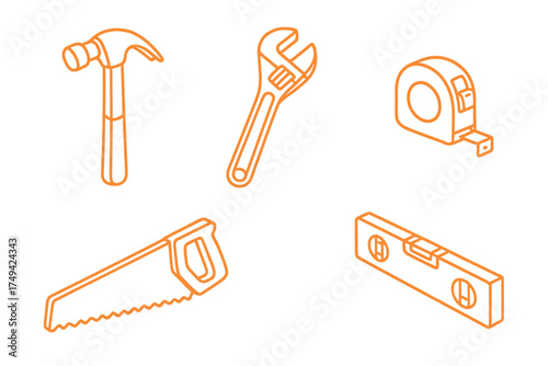 Isometric outline set of carpentry and construction hand tools