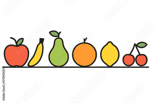 Assorted fresh fruit icons arranged in a colorful horizontal line