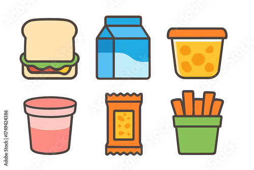 Six vibrant icons depicting popular lunch and snack food items