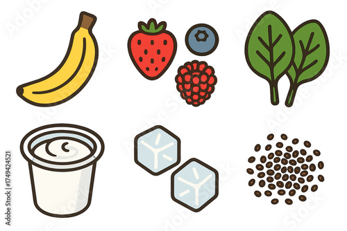 Collection of fresh smoothie ingredients like fruit, yogurt, ice, and coffee beans