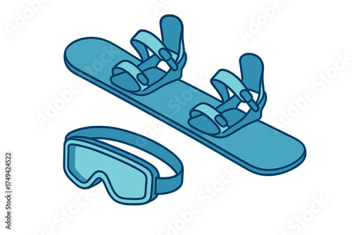 Isometric blue snowboard and protective goggles set isolated on white background